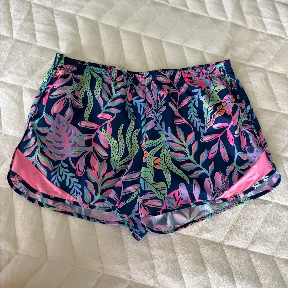 Lilly Pulitzer Navy and Pink Leaf Print Athletic Shorts